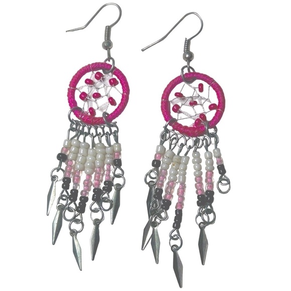3 PAIRS of Dream Catcher Earrings Dangle Drop Refurbished Navy Pink Ivory Beaded - Picture 1 of 12